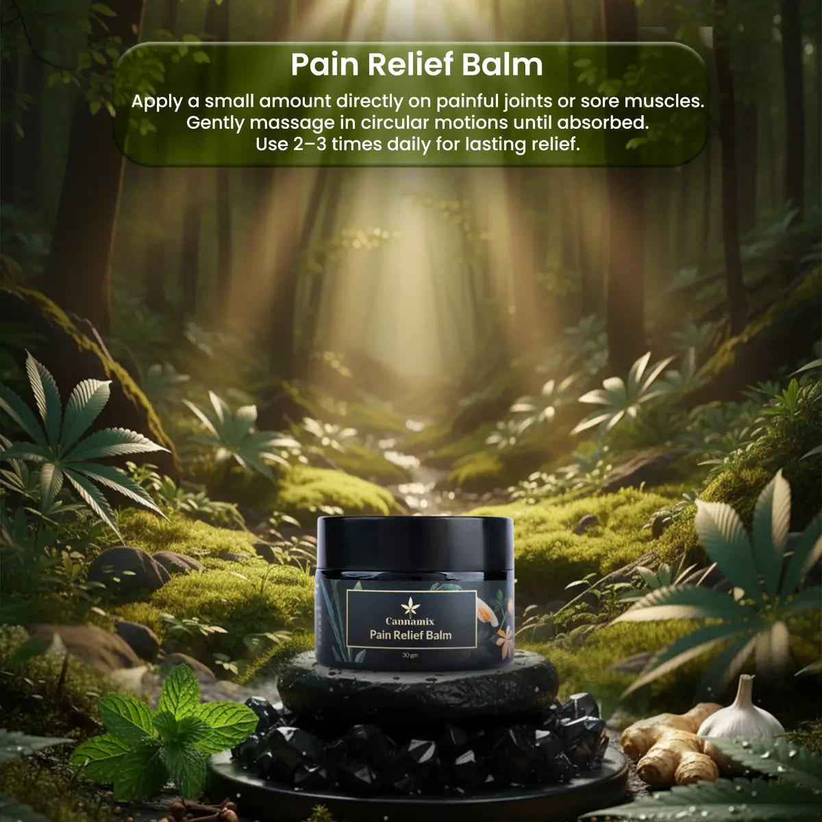 Pain Relief Balm jar with forest background