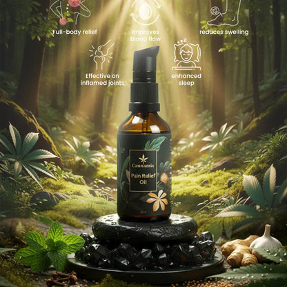 Pain relief oil bottle with forest background and benefits listed