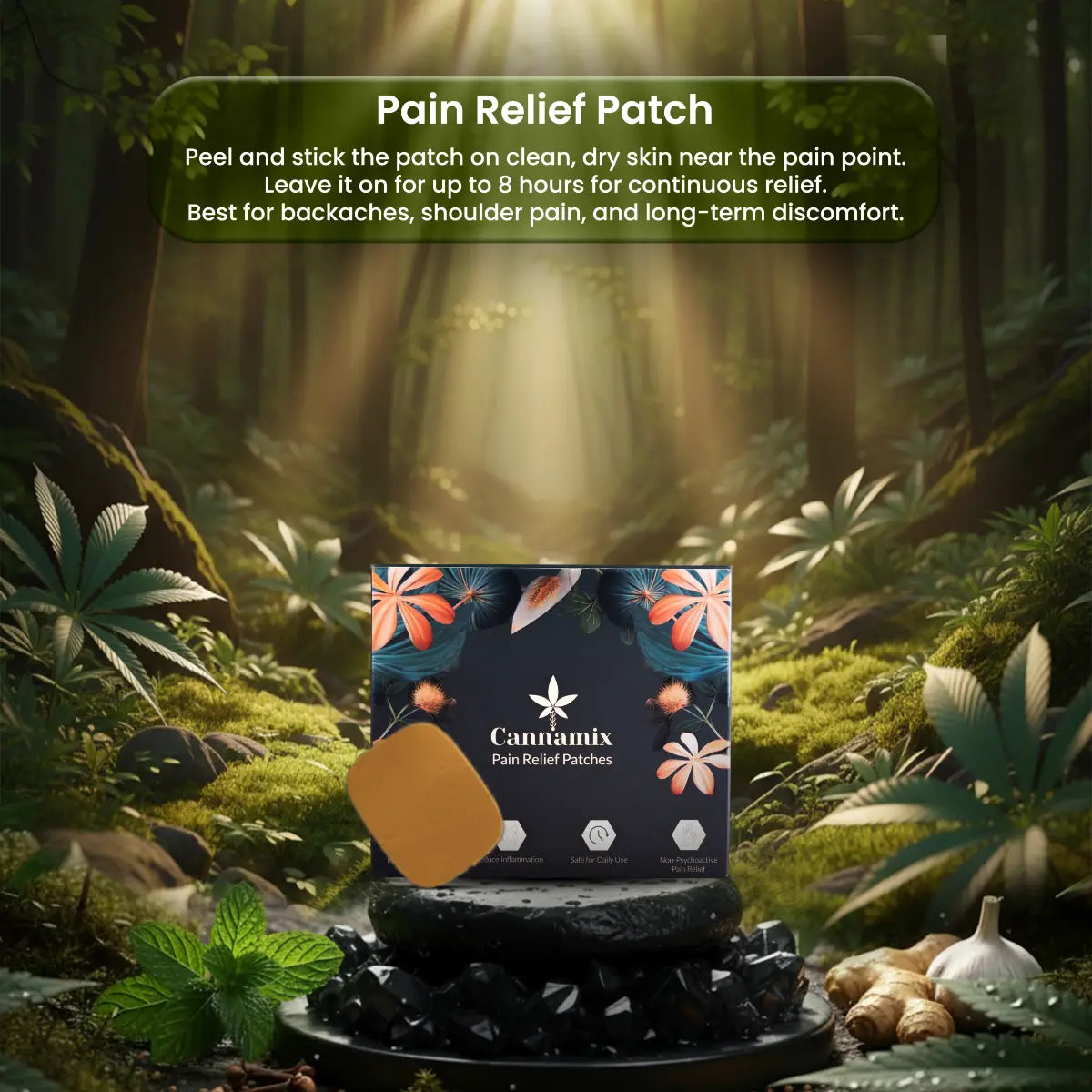 Cannabis pain relief patch packaging with natural background