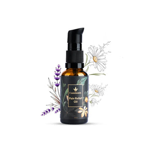Cannamix Pain Relief Oil bottle with floral elements on a white background