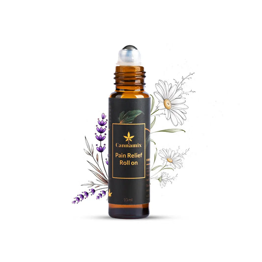 Cannamix Pain Relief Roll-on bottle with decorative elements on a white background
