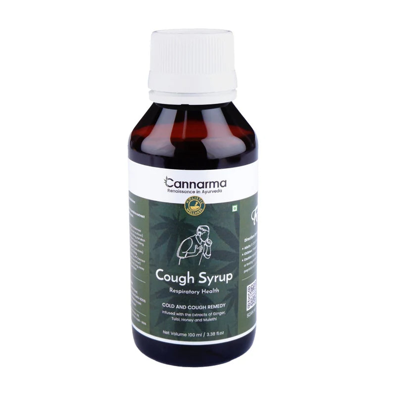 Cannarma cough syrup bottle with white cap and green label.