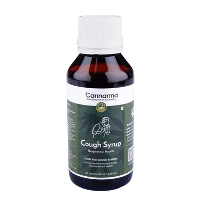 Cannarma cough syrup bottle with white cap and green label.