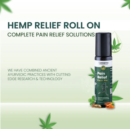 Hemp Relief Roll On product against a light green background with hemp leaves and capsules illustrations.