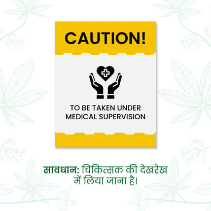 Poster with "CAUTION! To be taken under medical supervision" and cannabis leaf background.