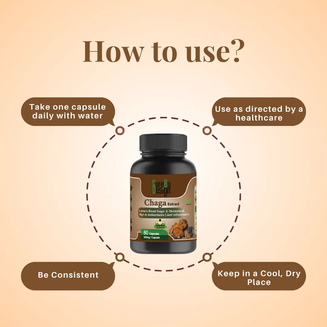 Bottle of Chaga Extract with usage instructions on a beige background