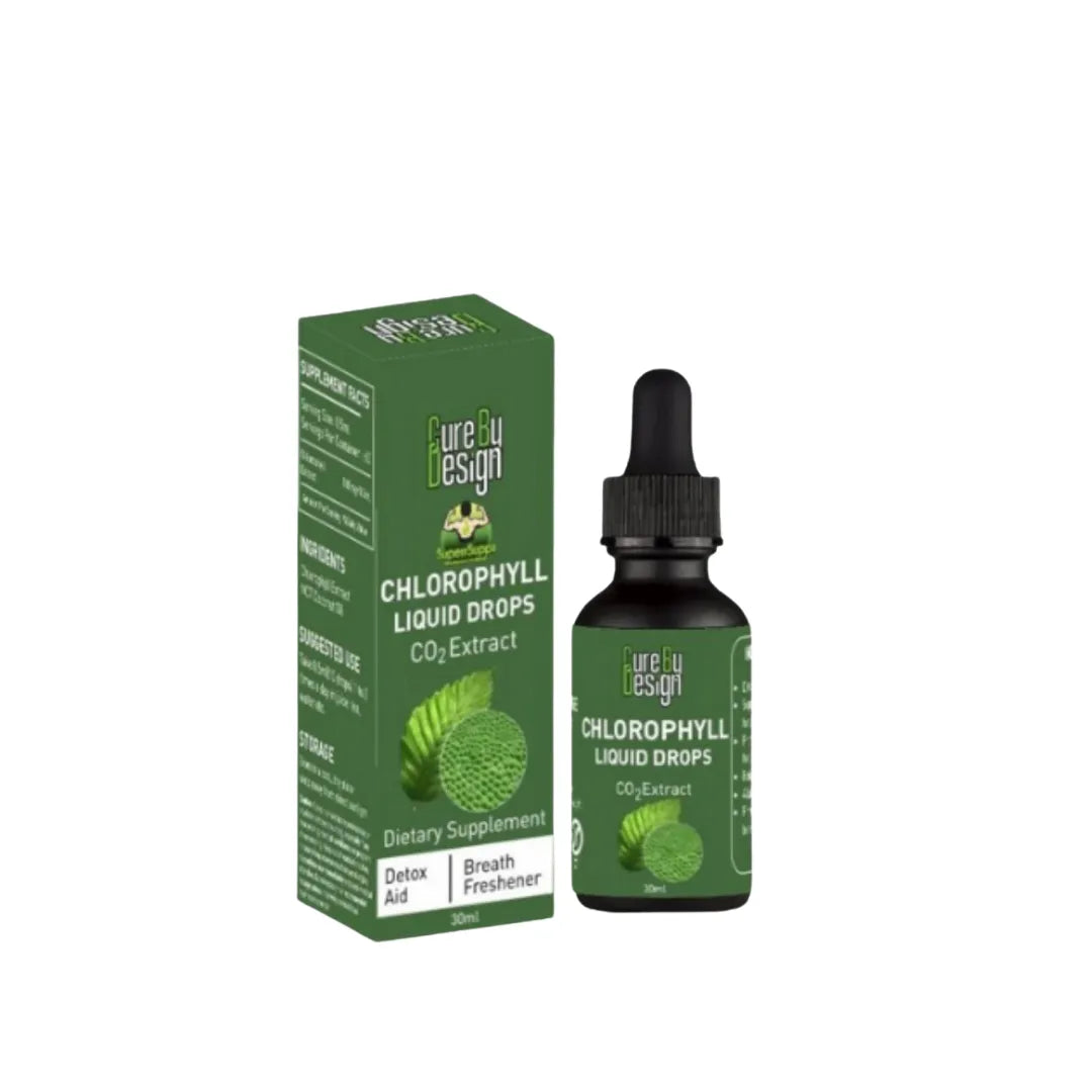 Chlorophyll liquid drops and packaging on a white background
