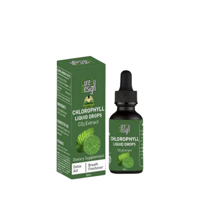 Chlorophyll liquid drops and packaging on a white background