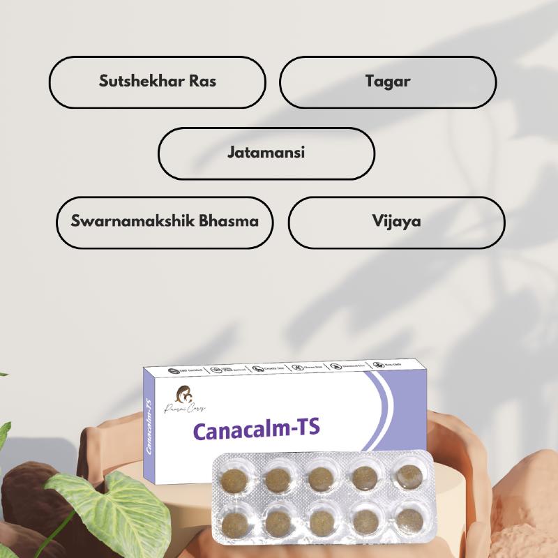 Box of Cannacalm-TS tablets by Paarmi Cares with benefits text bubbles above.