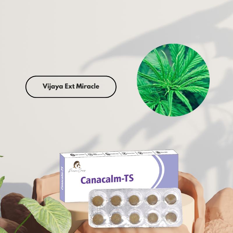 Box of Cannacalm-TS tablets from Paarmi Cares with a blister pack of 10 tablets in front of it. Background includes text "Vijaya Ext Magic" and an image of cannabis leaves.