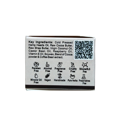 Product label with ingredients and certification icons on a white background
