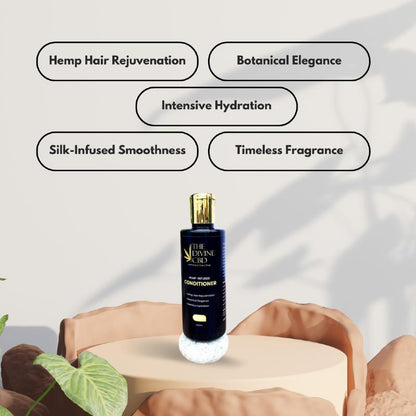 Dark blue and gold bottle of "The Divine CBD - Hemp-Infused Conditioner" on a beige pedestal .

