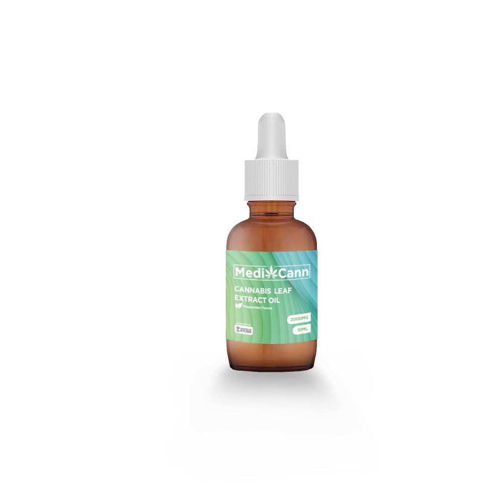 Brown bottle with white dropper cap labeled "MediCann: Cannabis Leaf Extract Oil.

