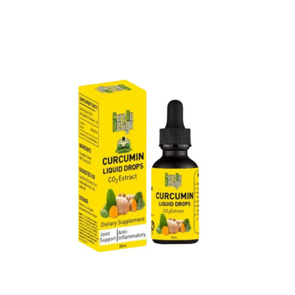 Curcumin liquid drops and packaging on a white background