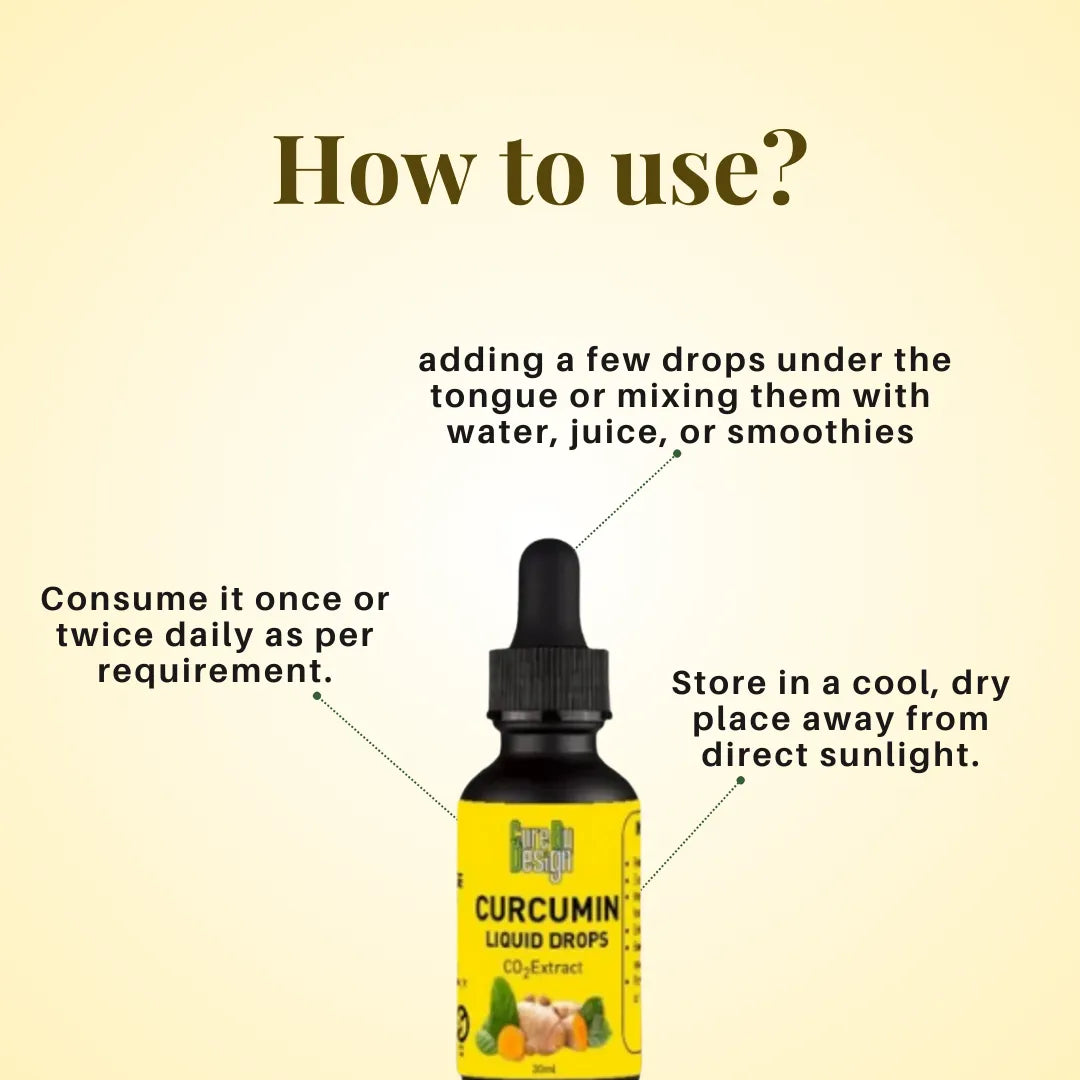 Curcumin liquid drops with usage instructions on a beige background