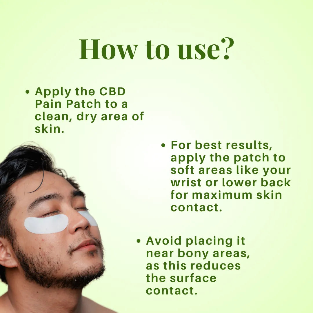 Man with CBD pain patches on his face against a green background with usage instructions.
