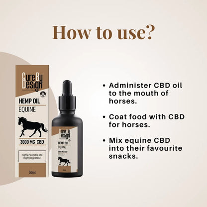 Cure By Design CBD oil for horses with packaging and usage instructions on a beige background