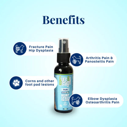 Bottle of Pure Design Hemp CBD Spray for Dogs with pain relief benefits on a light blue background