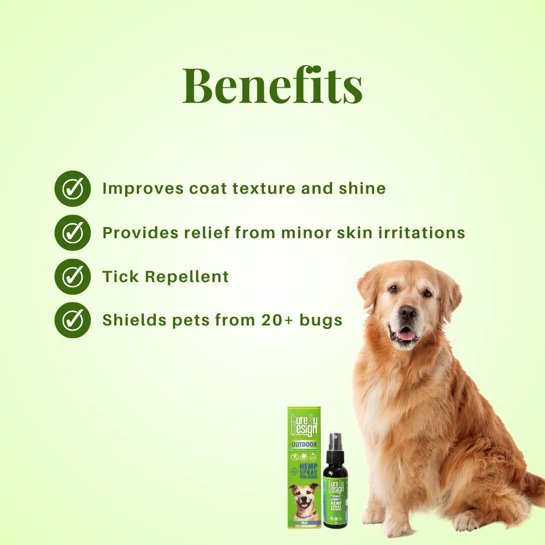 Hemp Spray for Dogs with benefits listed on a green background