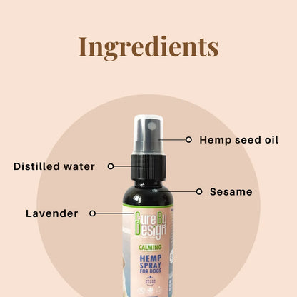 Bottle of Calming Hemp Spray for Dogs with labeled ingredients on a beige background