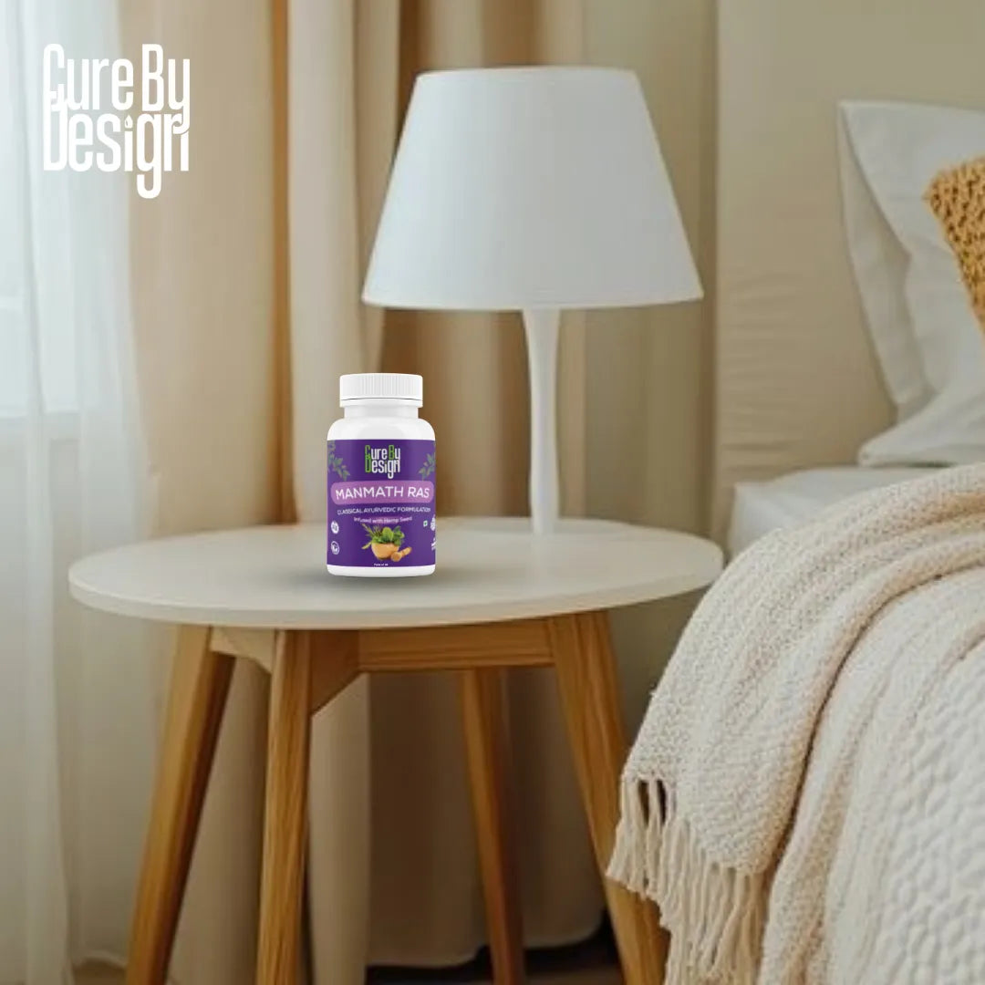 Supplement bottle on a nightstand next to a bed with a lamp