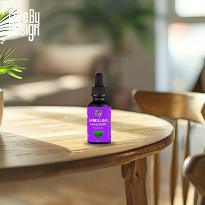 Bottle of Spirulina supplement on a wooden table with a blurred background