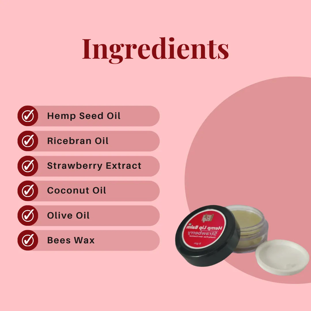 List of ingredients for a cosmetic product on a pink background with a jar of the product.
