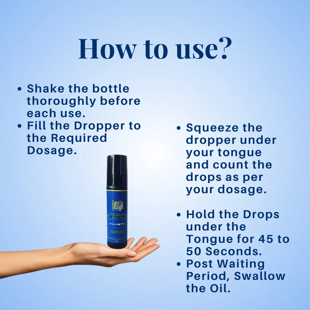 Instructions on how to use a Cure By Design Anxiety therapeutic body oil with text on a blue background