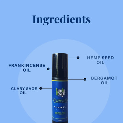 Cure By Design Anxiety therapeutic body oil bottle with labelled ingredients on a blue background