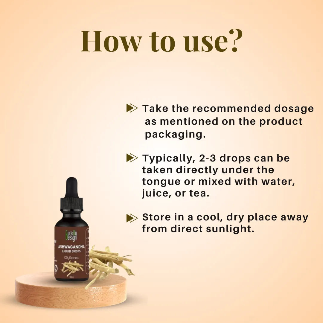 Bottle of Ashwagandha extract with usage instructions on a beige background