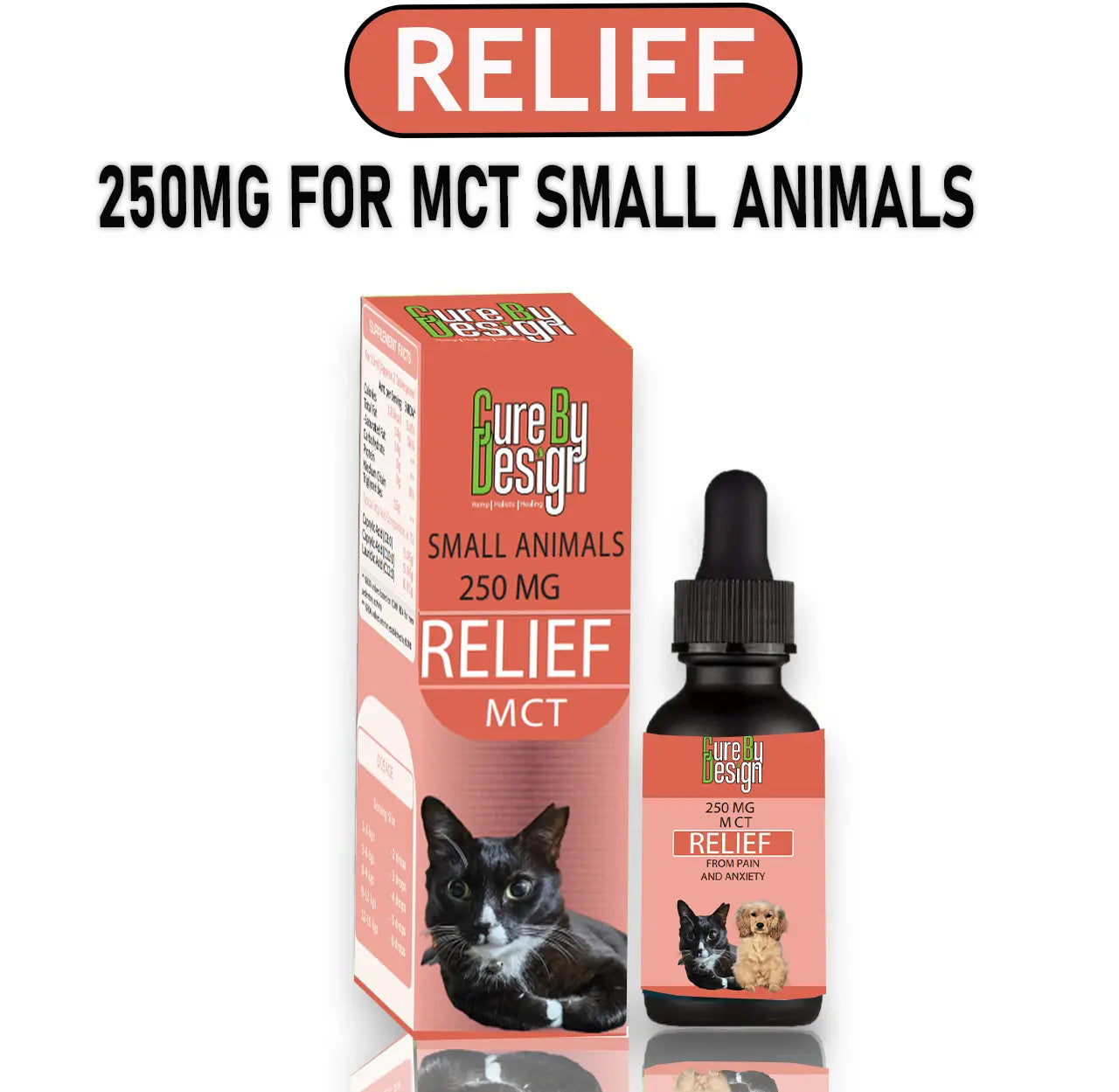 Cure by Design CBD Oil and MCT supplement for small animals with bottle and packaging on a white background