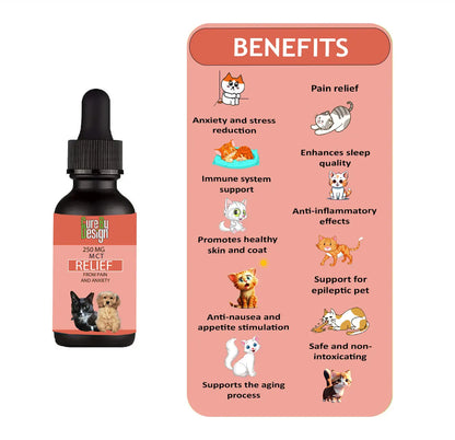 Pet CBD Oil supplement bottle with dropper and pink label detailing benefits on a white background