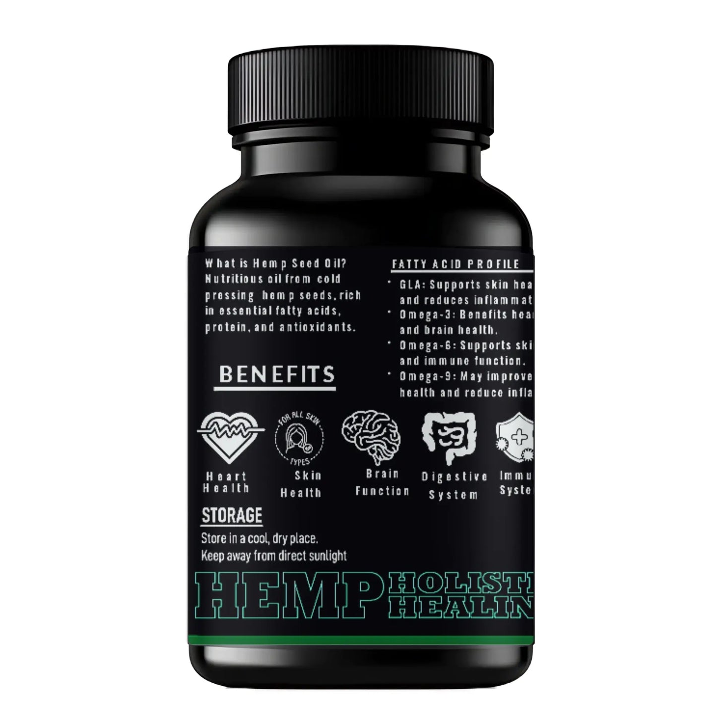 Black bottle of Hemp Holistic Health supplement with text on a white background