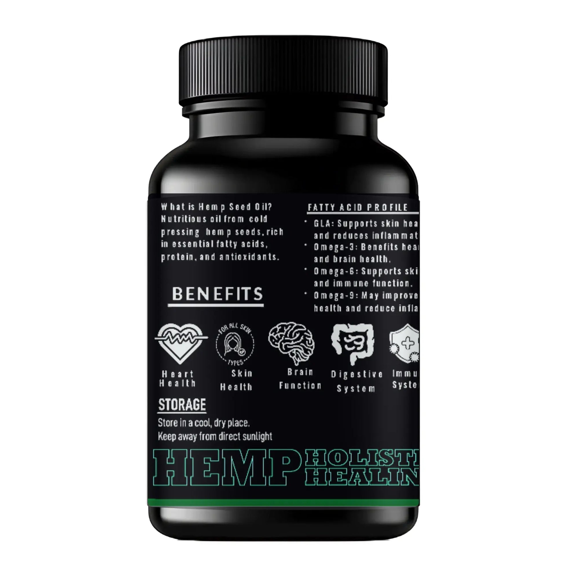 Black bottle of Hemp Holistic Health supplement with text on a white background