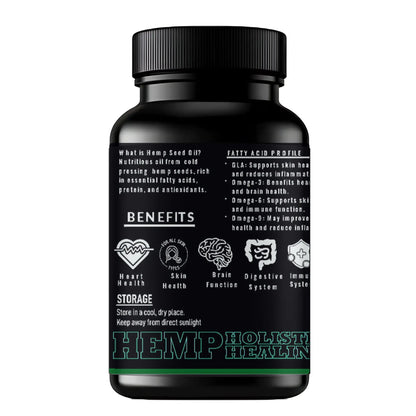 Black bottle of Hemp Holistic Health supplement with text on a white background