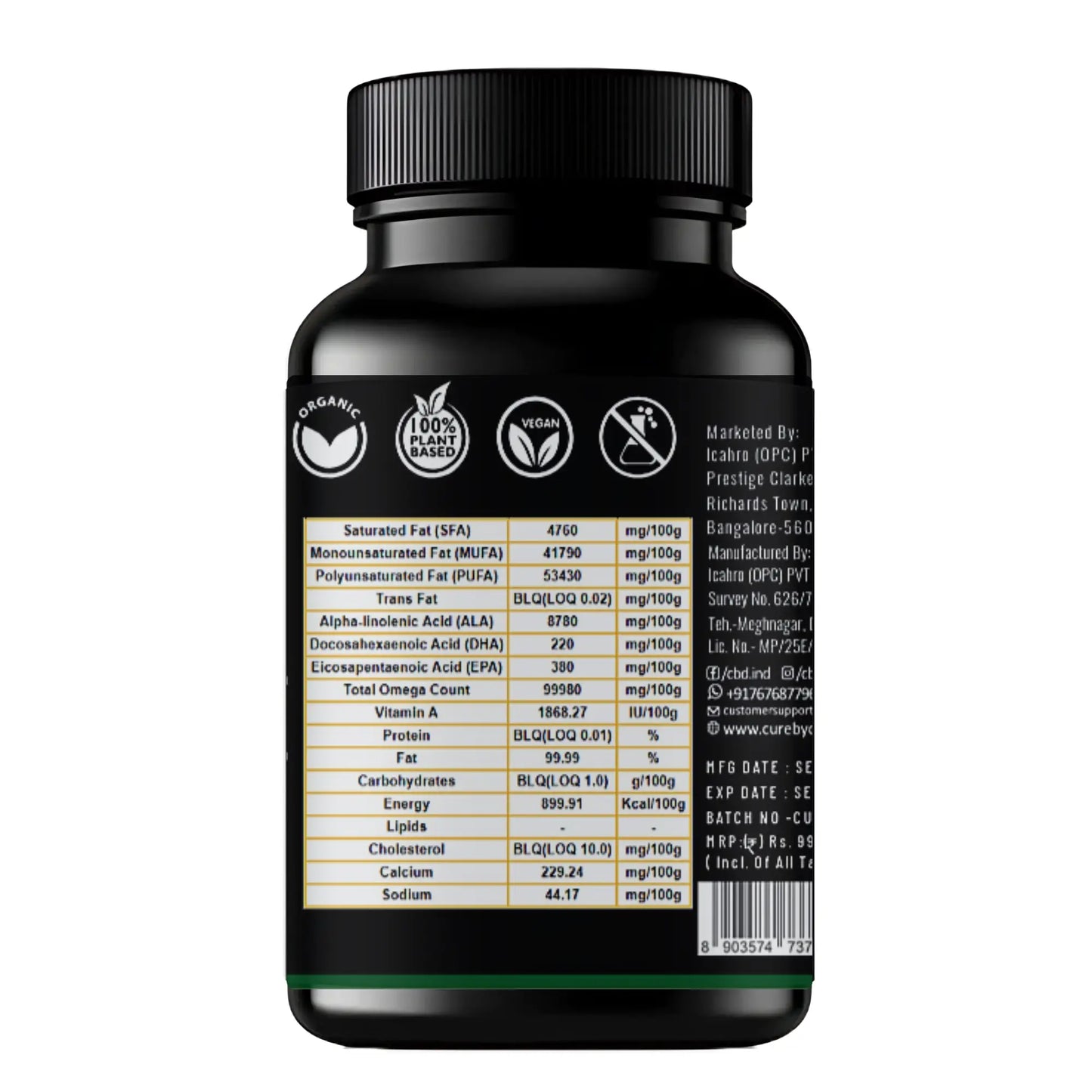 Black supplement bottle with nutritional information label on a white background
