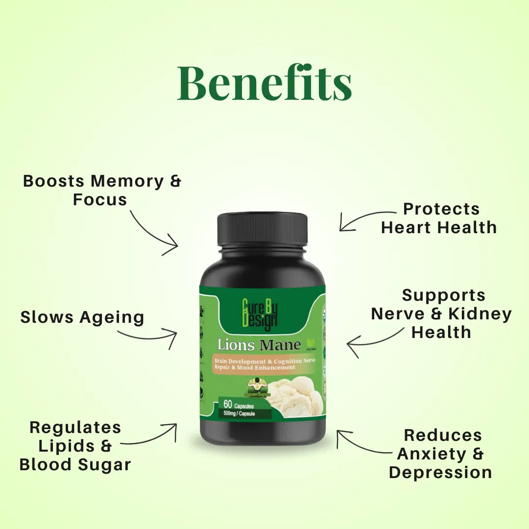Supplement bottle labeled 'Lions Mane' with health benefits listed on a green background