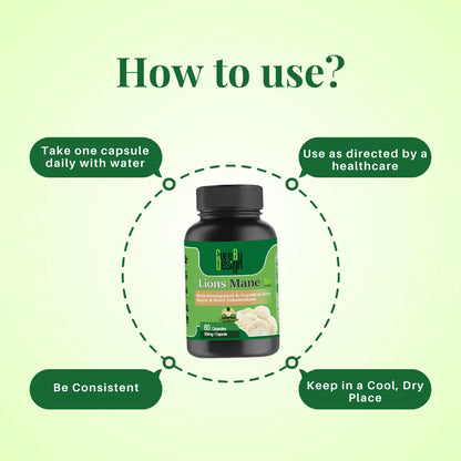 Cure By Design: Lions Mane Mushroom Extract Capsules supplement bottle with usage instructions on a green background