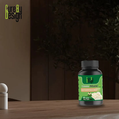 Supplement bottle labeled 'Lions Mane' on a wooden surface with a blurred background