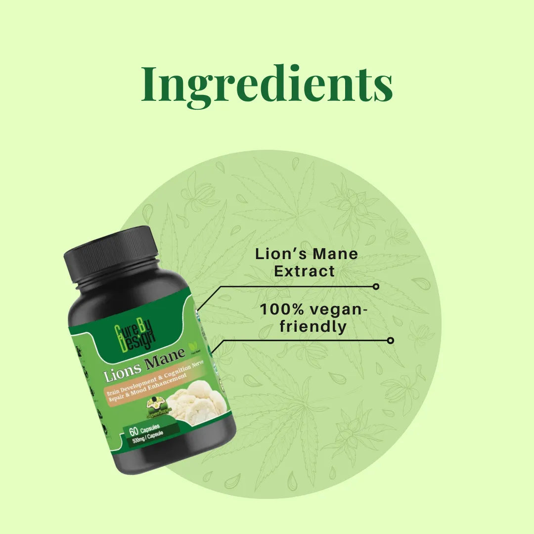 Bottle of Lions Mane supplement with green label on a light green background