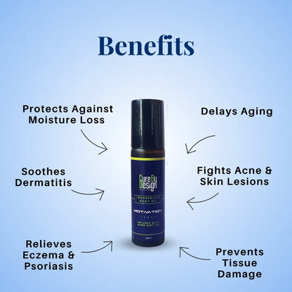 Cure By Design Motivation Therapeutic Body Oil bottle with listed benefits on a blue background