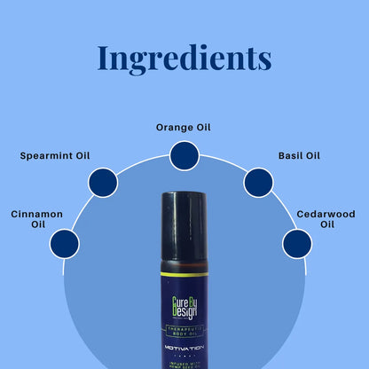 Cure By Design Motivation Therapeutic Body Oil bottle with labelled ingredients on a blue background