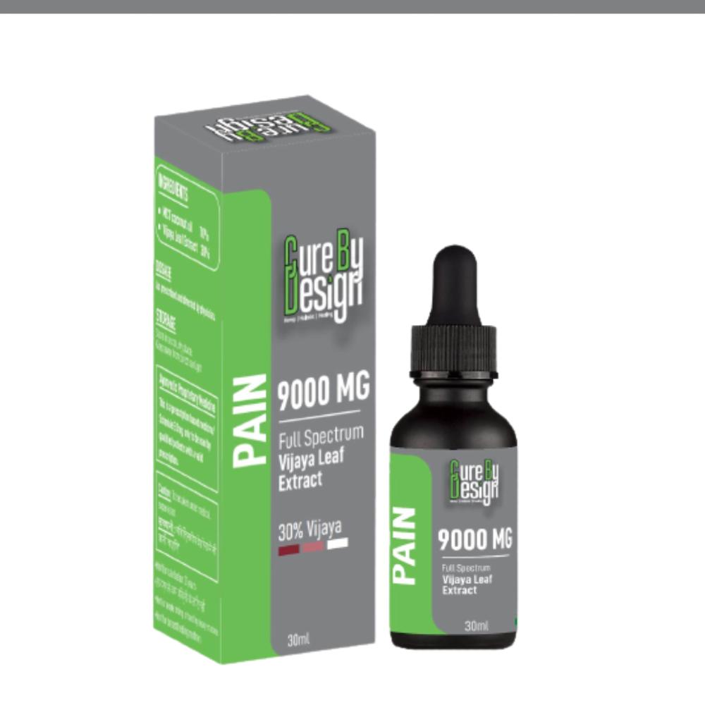 Bottle and box of 'Pure By Design' pain relief product on a white background