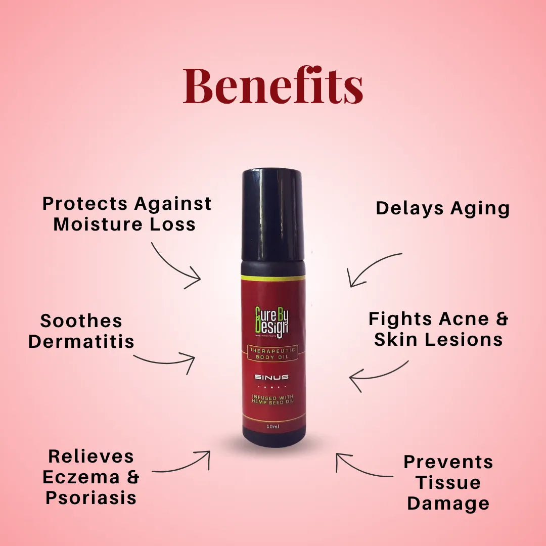 Cure By Design Therapeutic Roll-on for Sinus product with benefits listed on a pink background