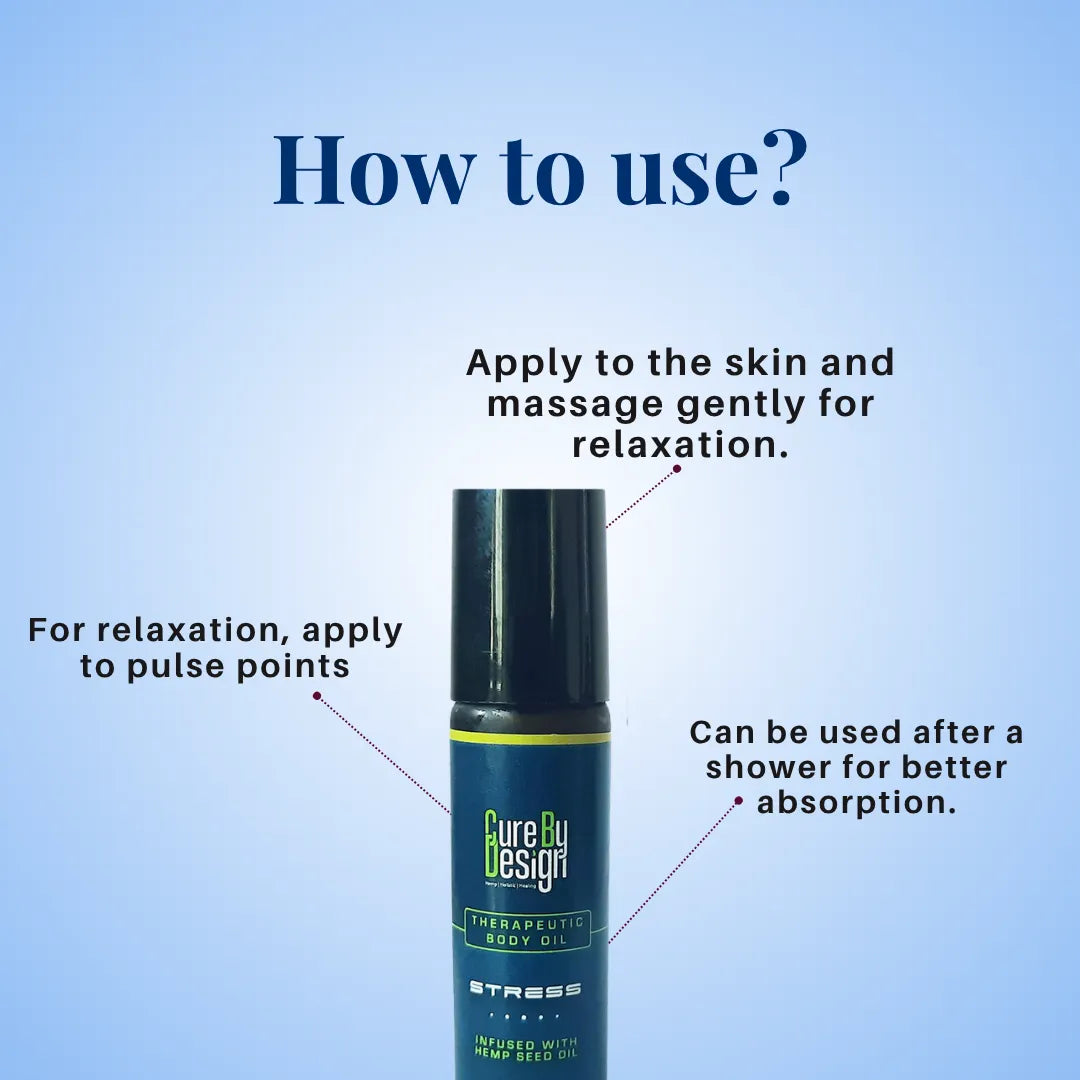 Cure by Design Stress Therapeutic Body Oil   for bottle with usage instructions on a blue background