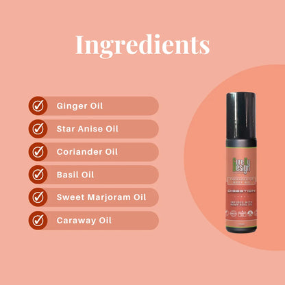 Cure By Design: Therapeutic Healing Roll-on - Digestion - 10ml Product with listed ingredients on a peach background