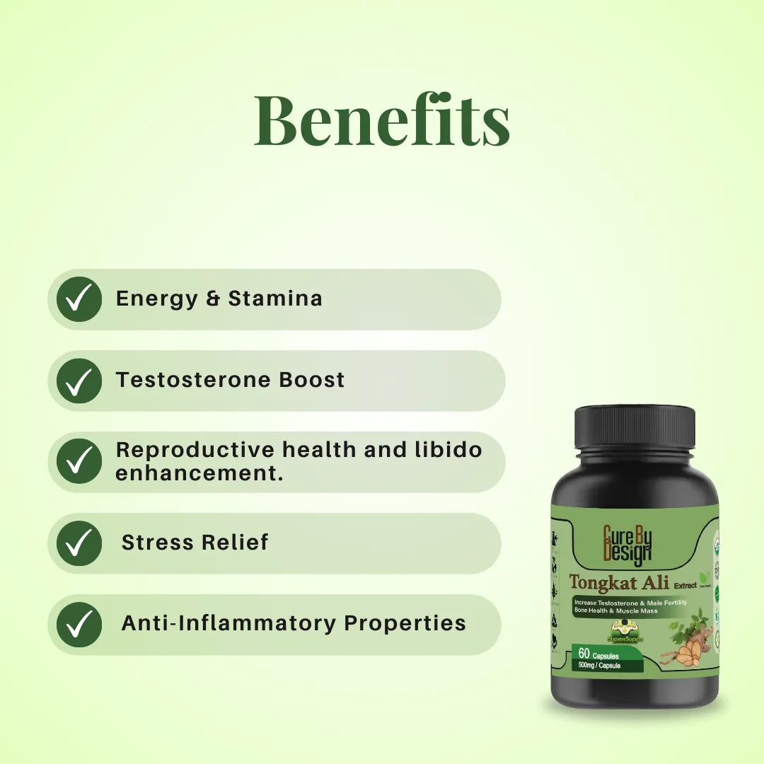 Tongkat Ali supplement bottle with benefits listed on a green background