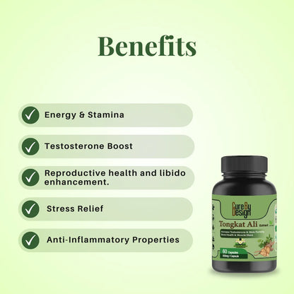 Tongkat Ali supplement bottle with benefits listed on a green background
