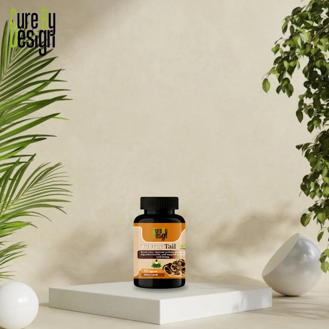 Supplement bottle on a white platform with plants on a beige background