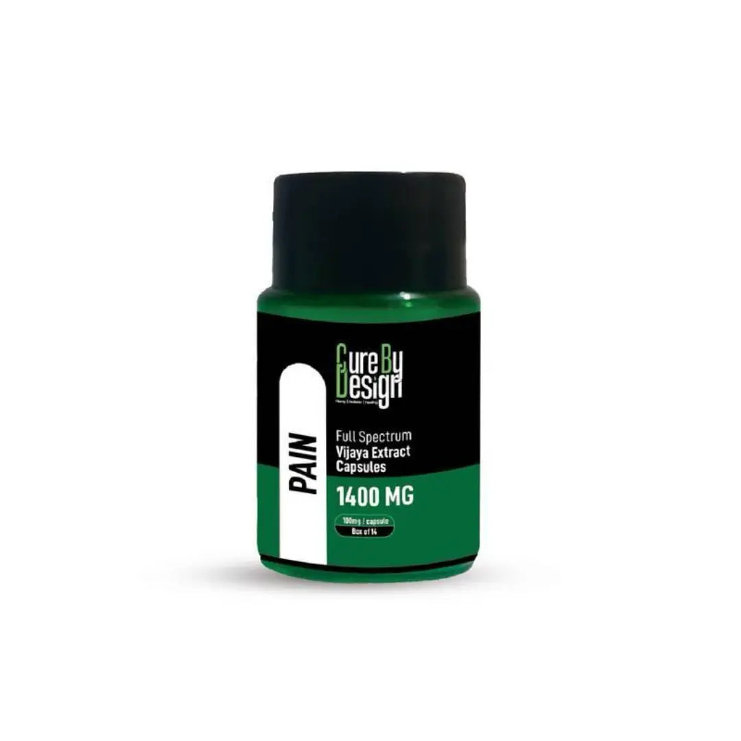 Cure_By_Design_Vijaya_Full_Spectrum_Pain_Capsules Green supplement bottle with black cap on a white background